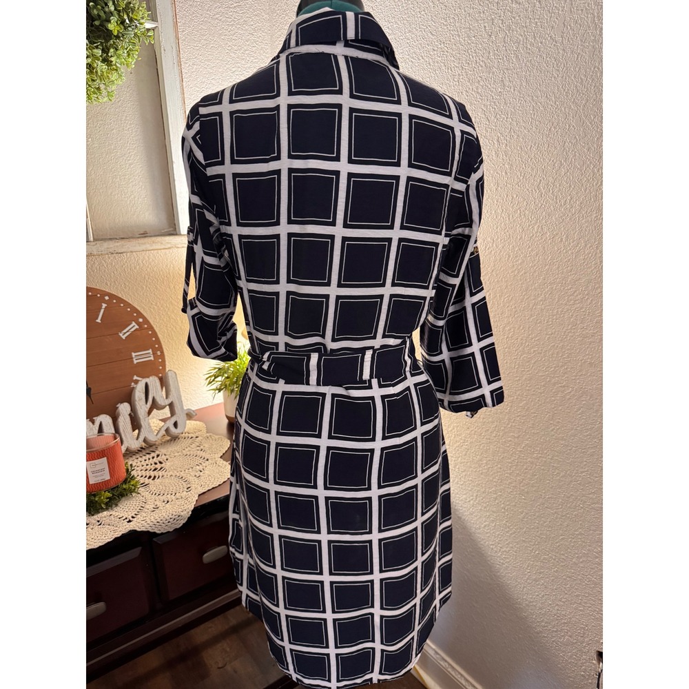 Laundry by Shelli Segal Dress Size 6 Navy White Geometric Belted Shirt Dress - Picture 9 of 10